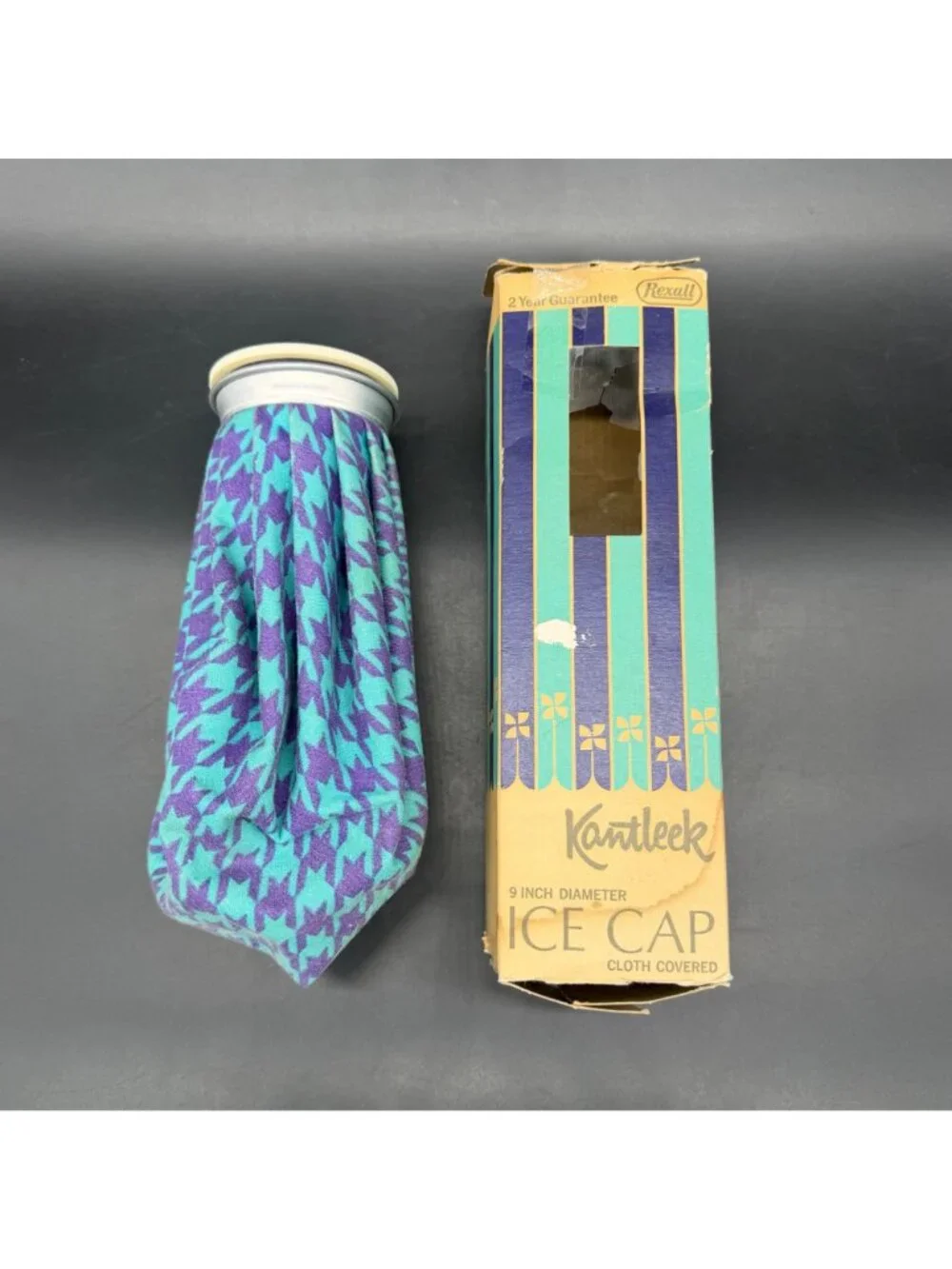 Cloth Covered Ice Cap Bag Vintage Rexall Houndstooth Teal Purple Bathroom Decor